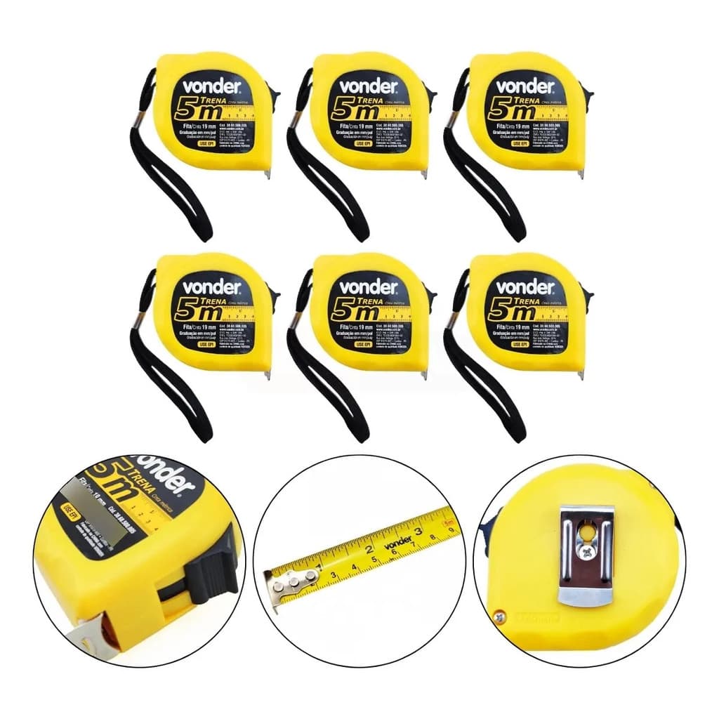 Kit 6 Trenas De Aço 5 Metros X 19mm, Resistente - Vonder - Trena de bolso
