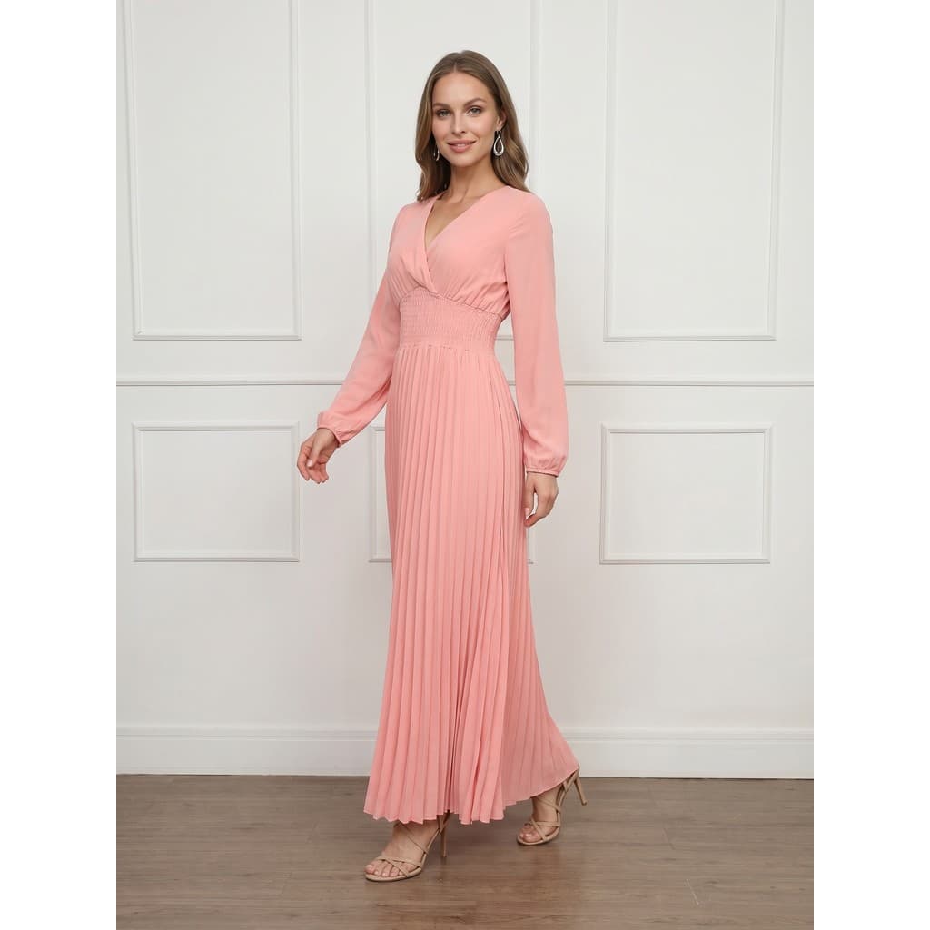 Vestido Longo com Manga Longa, Decote V e Saia Plissada Elegante  Para Festas