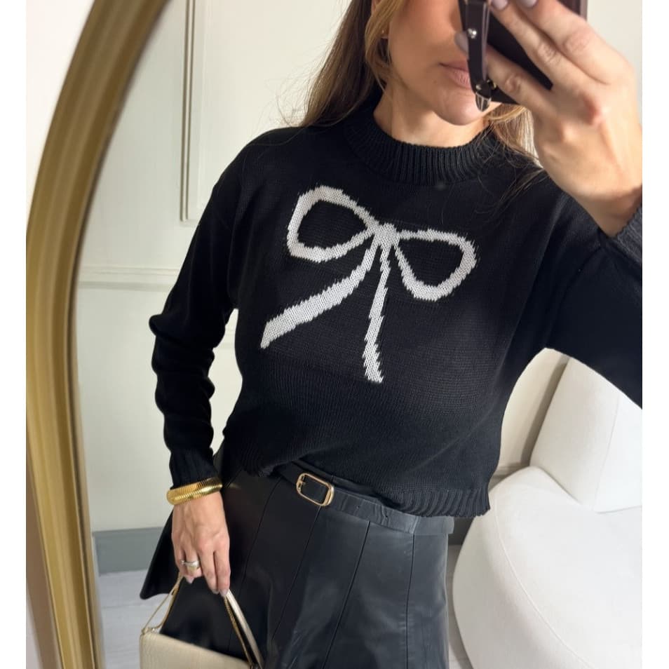 Blusa Feminina estilosa Cropped Manga longa Tricot Suéter Laço Feminina