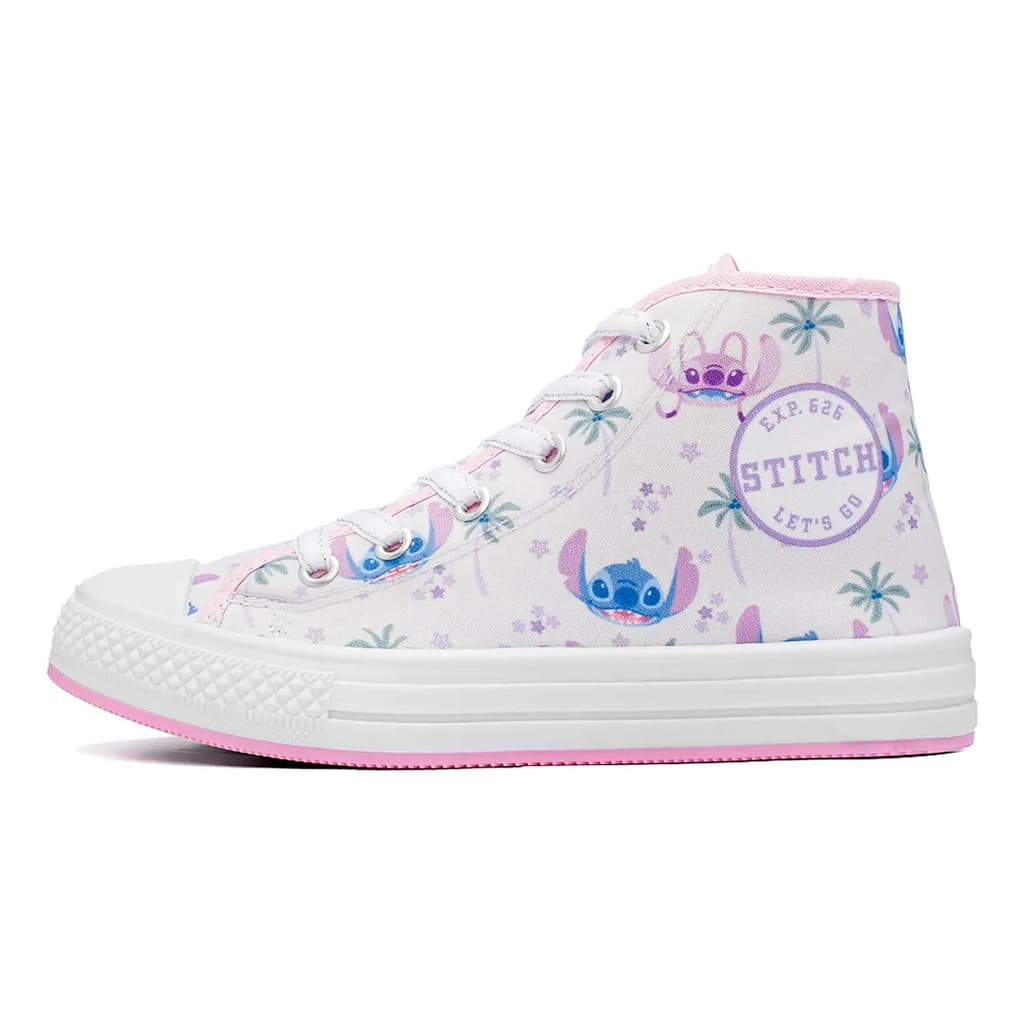 Tênis Infantil Stitch Dyan Cano Alto Cadarço Branco Rosa Confortável Lona Solado Borracha  Passeio Escola