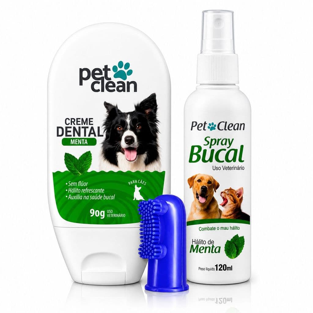 Kit Higiene Bucal Pet Clean para Cães | Creme Dental + Spray Bucal + Escova Dedeira | Anti Tártaro e Mau Hálito