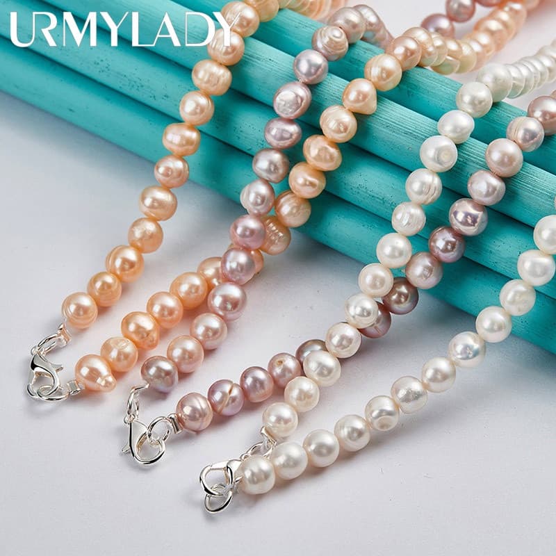 URMYLADY Colar De Pérolas De Água Doce Natural 7-8mm 925 Prata Lobster Para Mulheres Homem Casamento Moda Noivado Joias