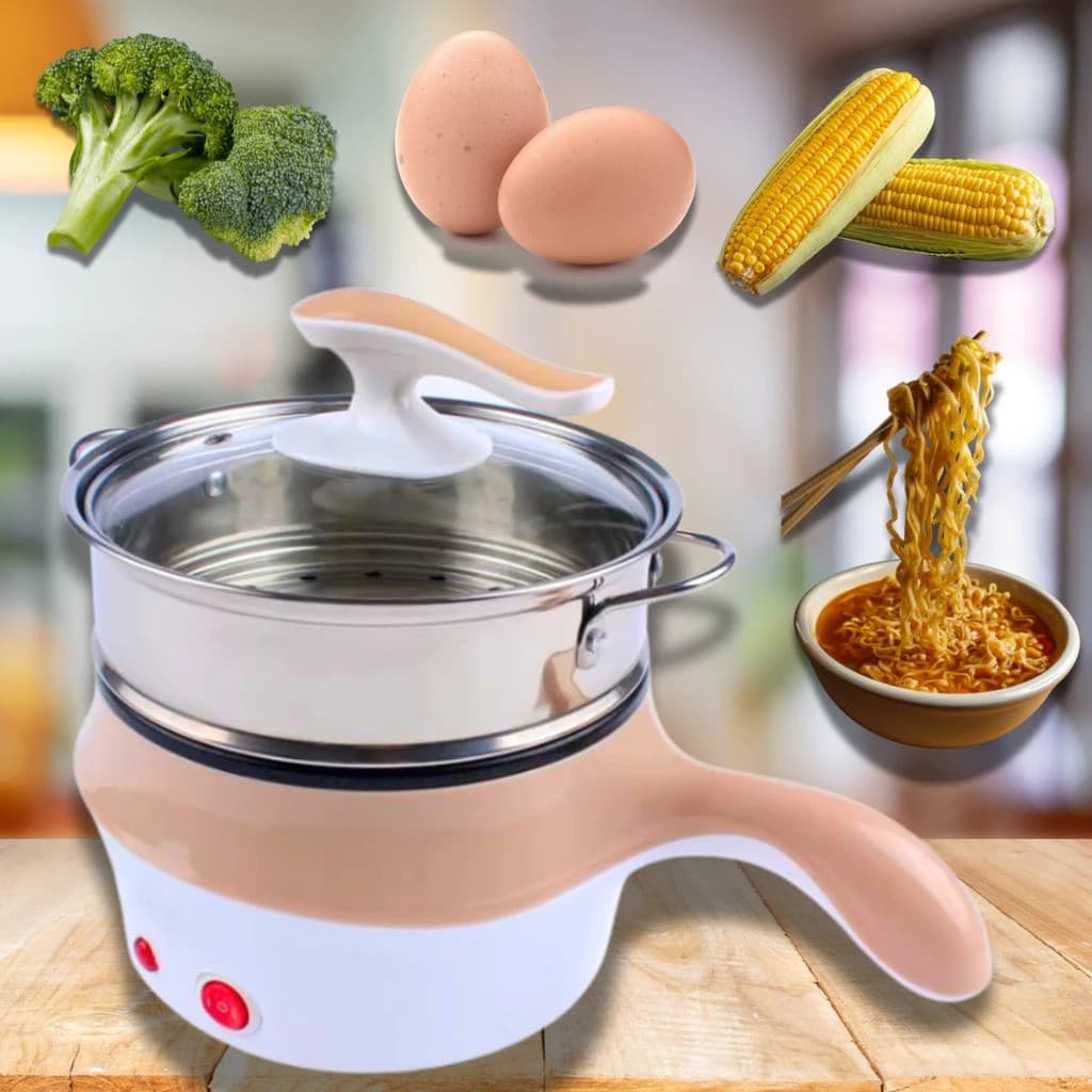 Panela Elétrica Multifuncional com Tampa de Vidro Mini Panela 2 Andares Cozedor a Vapor Panela de Macarrão Sopas
