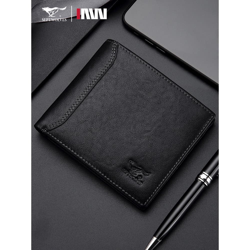 Sete lobos carteira masculina de couro curto carteira estilo Horizontal costura carteira masculina puro primeira camada