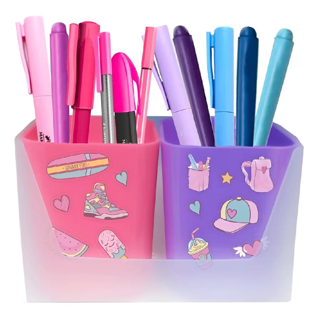 Kit Porta Lápis Duo Dello Rosa e Roxo Organizador de Mesa Multiuso para Escola Escritório e Home Office