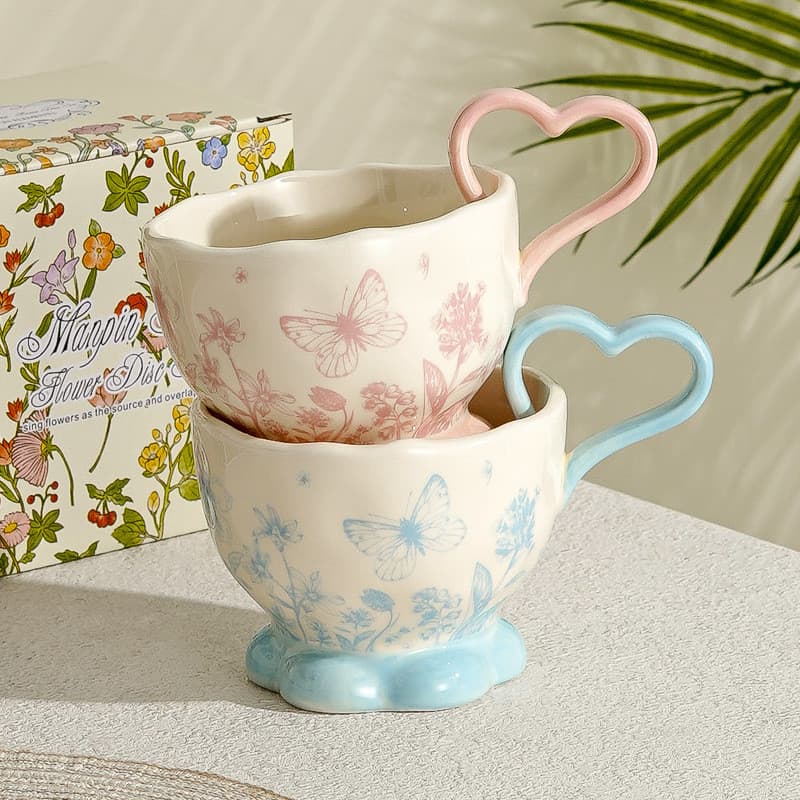 Copo de cerâmica borboleta amor alça caneca menina coração xícara de café doméstico copo de café da manhã copo de beber