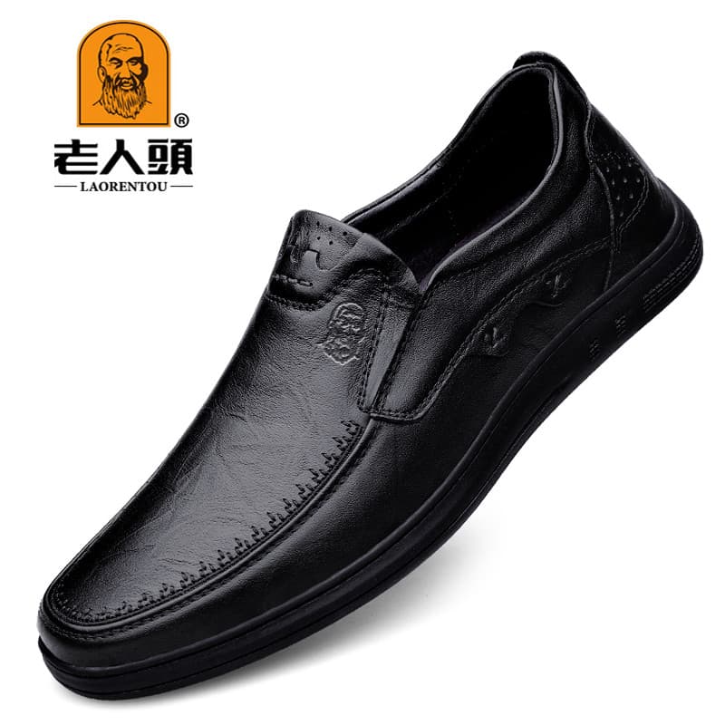 Sapatos de couro casuais de dedo do pé do velho masculino deslizamento em couro Real couro macio sola macia ervilhas sap