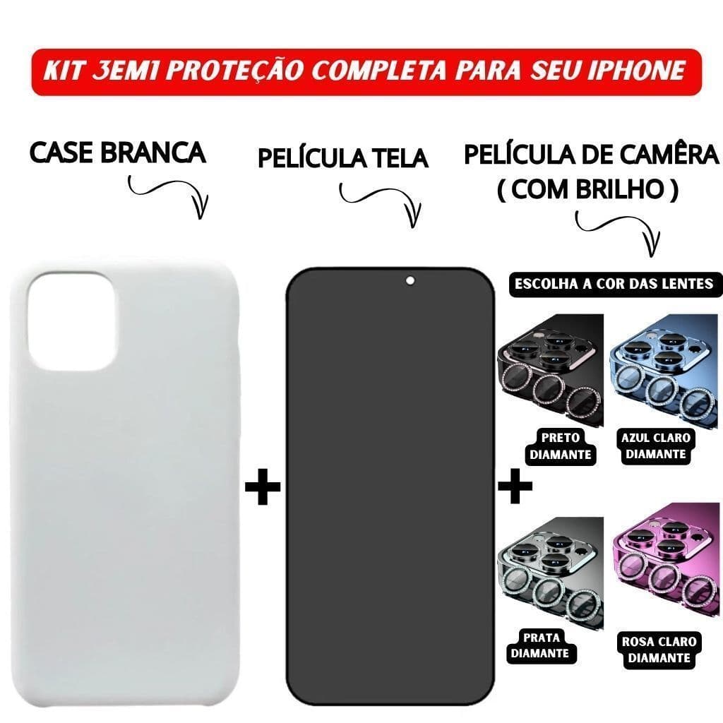 Kit 3em1 Case Branca+Película de Vidro 3D Privacidade+Película Câmera Diamante Para iPhone 11 12 13 14 15 16 Pro Max