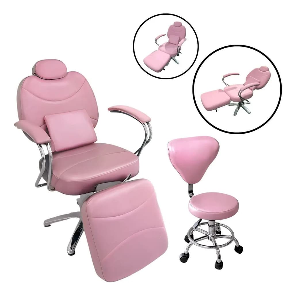 Cadeira Barbeiro Reclinável Hidráulica Importway com Mocho e Descanso Rosa