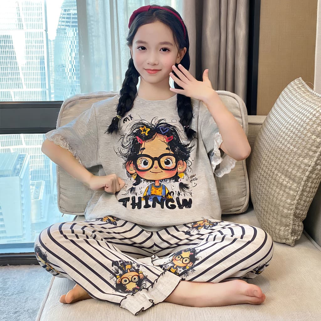 Meninas 2026 novo estilo de manga curta Homewear crianças médio grande crianças estilo verão pijamas Modal terno calças