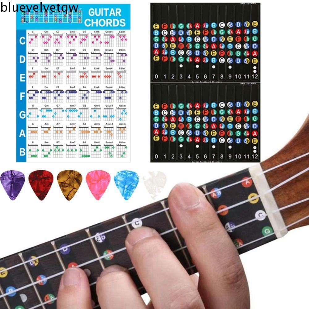 Gráfico De Acordes Para Prática De Guitarra BLUEVELVETQW , Pôster Não Provocante Codificado Por Cores , 6 Palhetas