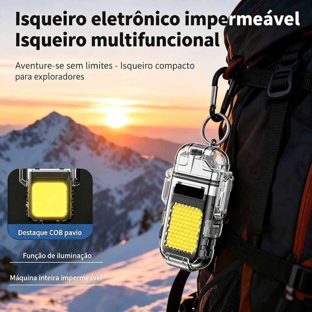 ISQUEIRO ELETRÔNICO À PROVA D'ÁGUA COM LUZ LED RECARREGÁVEL USB PARA CAMPING