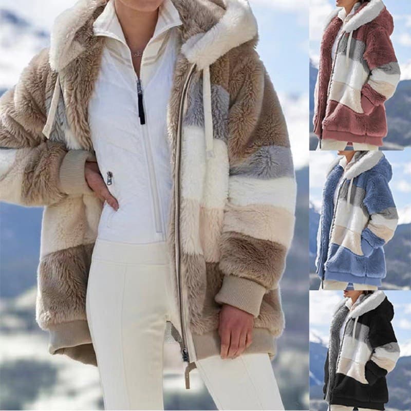 Casaco Quente De Pelúcia Casual Solto Com Capuz Cor Mista Inverno Couro Sintético Zíper Parka