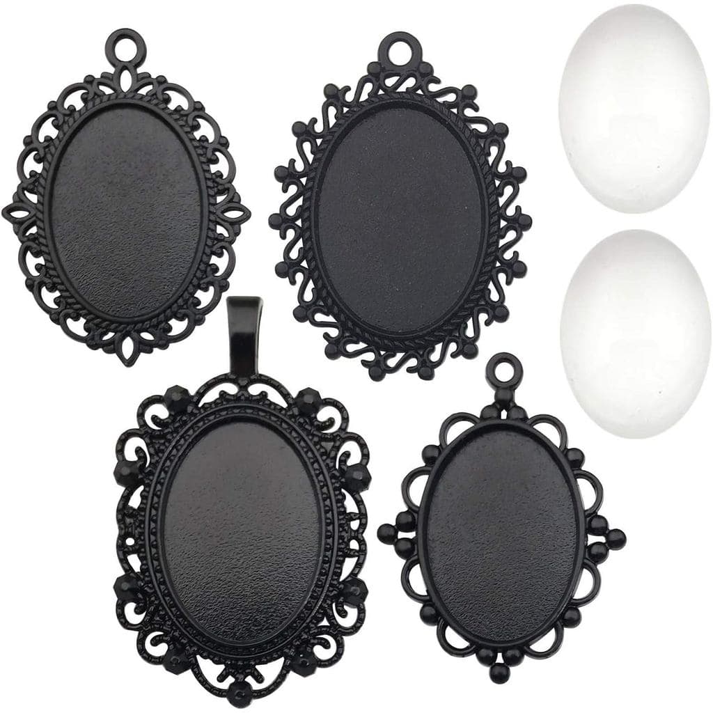Todas as 32 peças (16 conjuntos) de bases de pingentes ovais pretas esmaltadas de 18x25mm, bases para cabochões, bases p