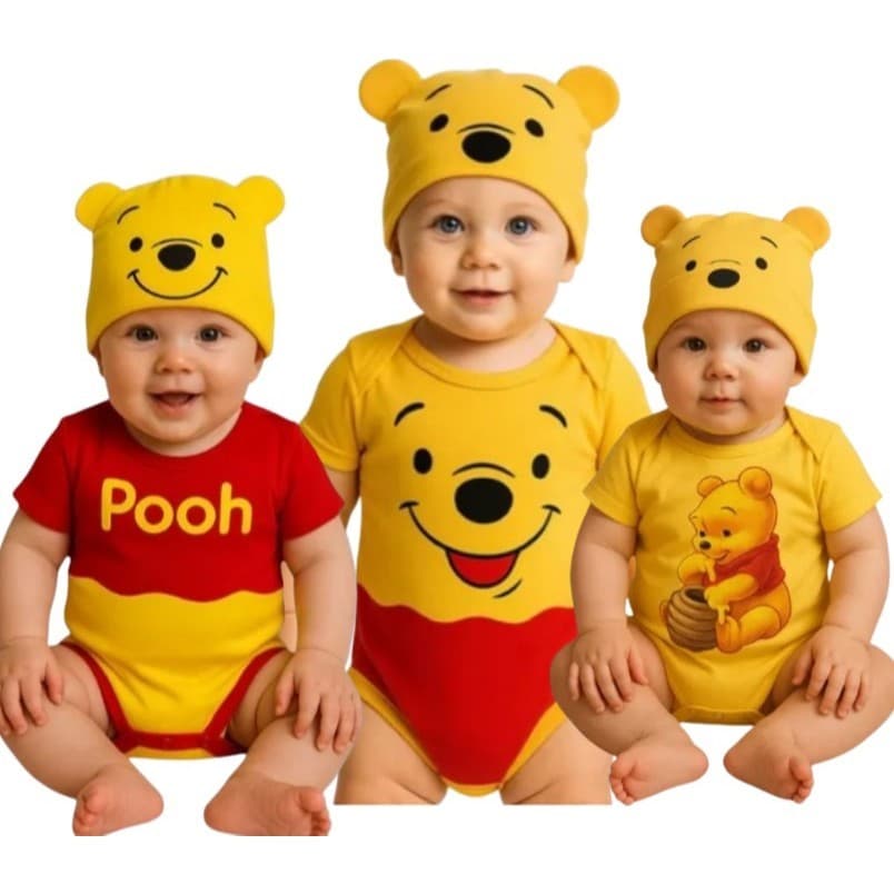 Body Bebê Ursinho Pooh Fantasia com Touca | Body Infantil Menino Menina | Mesversário, Ensaio e Festa