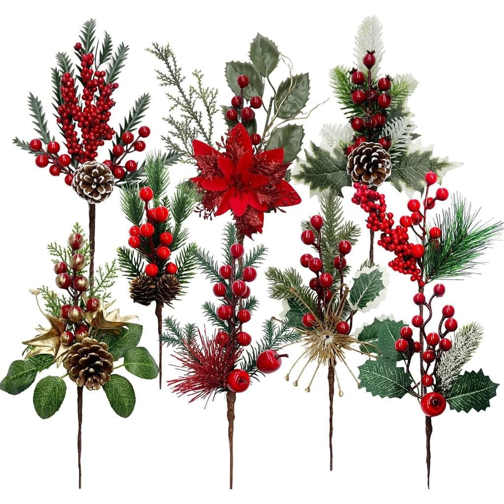 Arranjos Florais de Natal com Galhos de Bagas Vermelhas Artificiais e Pinhas, para Decoração de Árvore de Natal, Guirlan