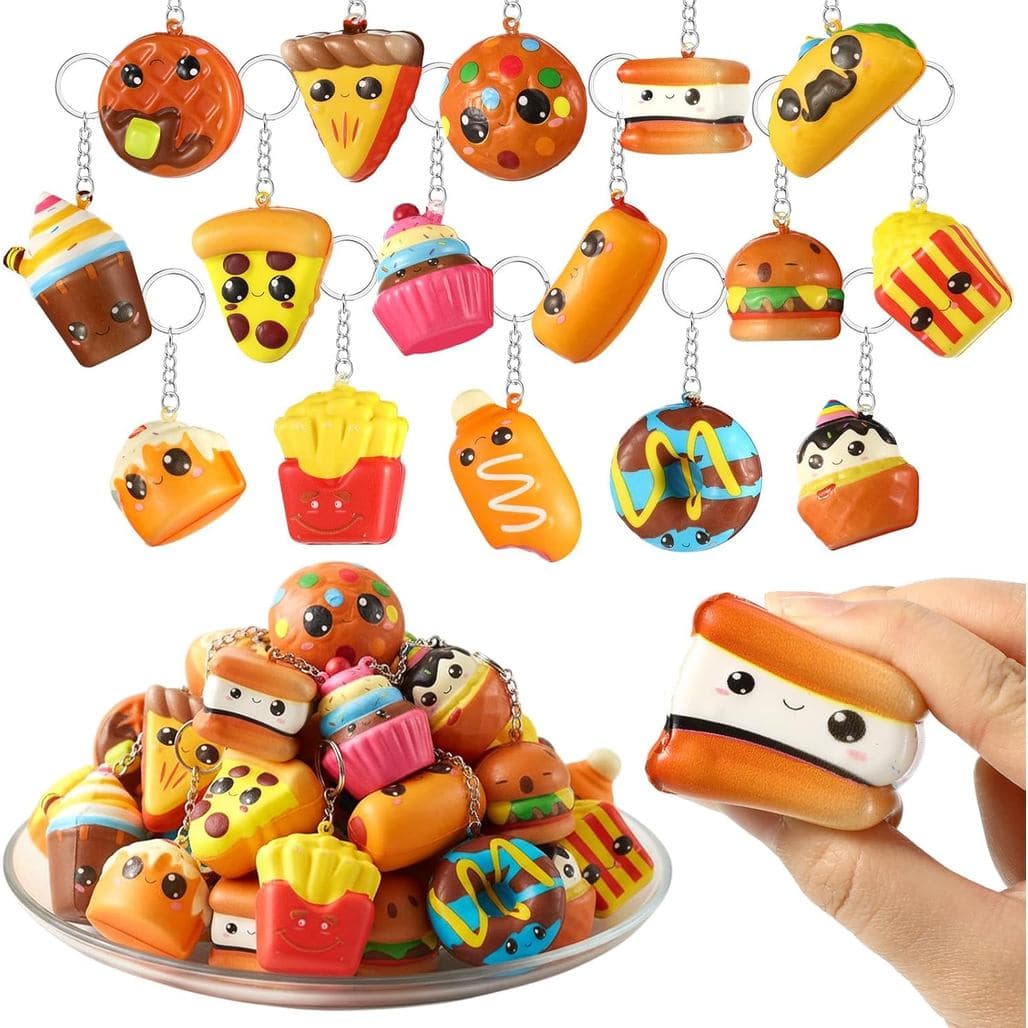 16 Chaveiros Antiestresse em Formato de Comida, Presentes em Lote, Chaveiros Kawaii de Hambúrguer, Pipoca, Taco, Sorvete