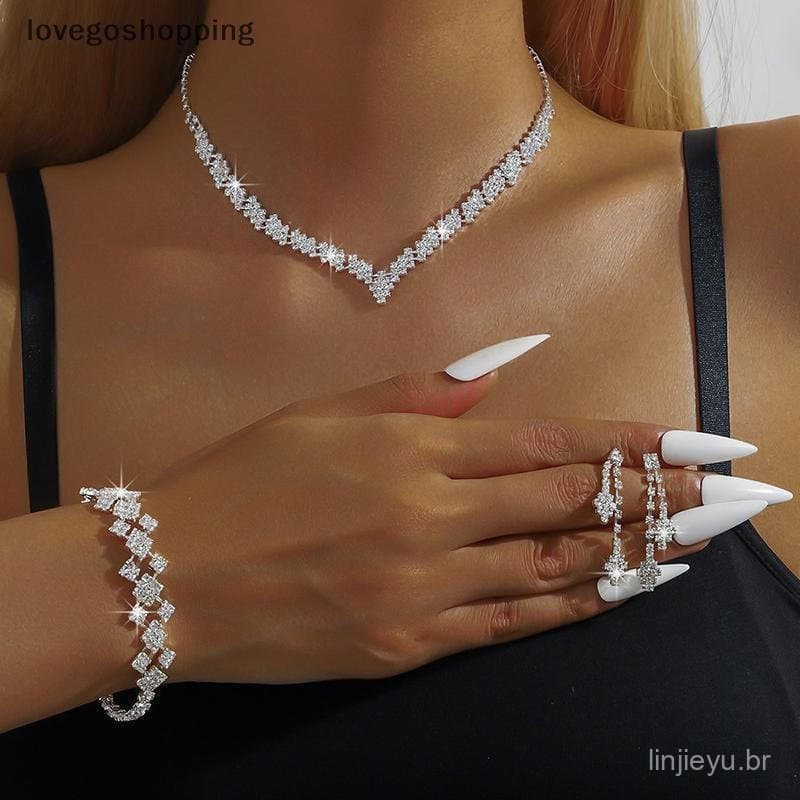 [lovego] 1 Conjunto Geométrico Strass Colar Brincos Pulseira Kit De Jóias De Casamento Simples sel Espumante Presentes B