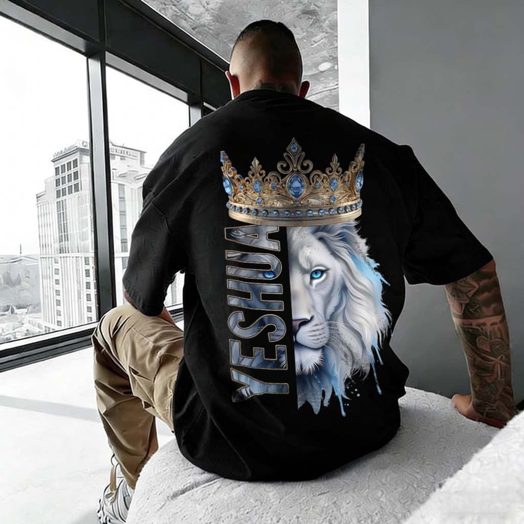 [Camiseta Vintage Masculina Algodão]HYP Camiseta Oversized 100% Algodão Leão Branco Yeshua - Estilo Casual Verão Solto