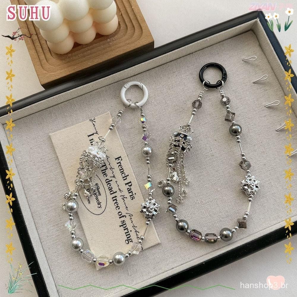 SUHU Nepal Pulseira De Telefone Com Contas , Corrente Anti-Perda De Luxo De Cristal Borlas , Corda Curta De Pulso Gótico