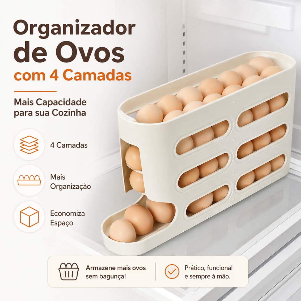 Organizador de Ovos 4 Camadas Dispenser Porta Ovos para Geladeira Bancada e Armário