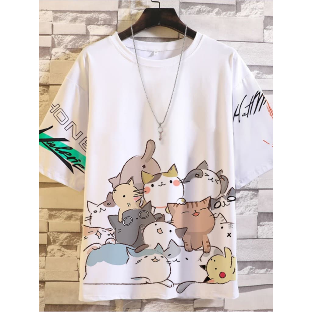Verão meia manga camiseta na moda solta tamanho grande manga curta topo gato meia manga adolescente bonito estudante cam