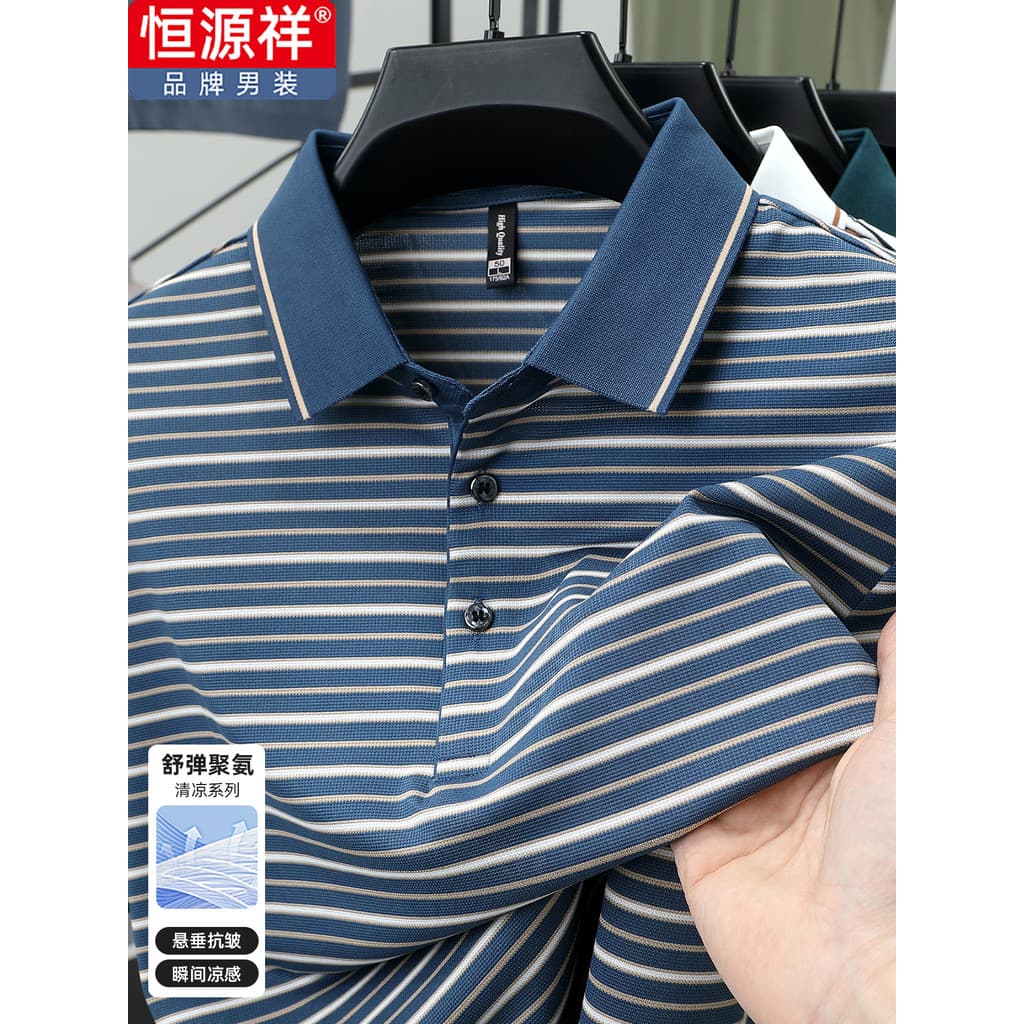 Hengyuanxiang verão novo fino de meia-idade masculino de manga curta camiseta lapela listrado gelo seda pai camiseta pol