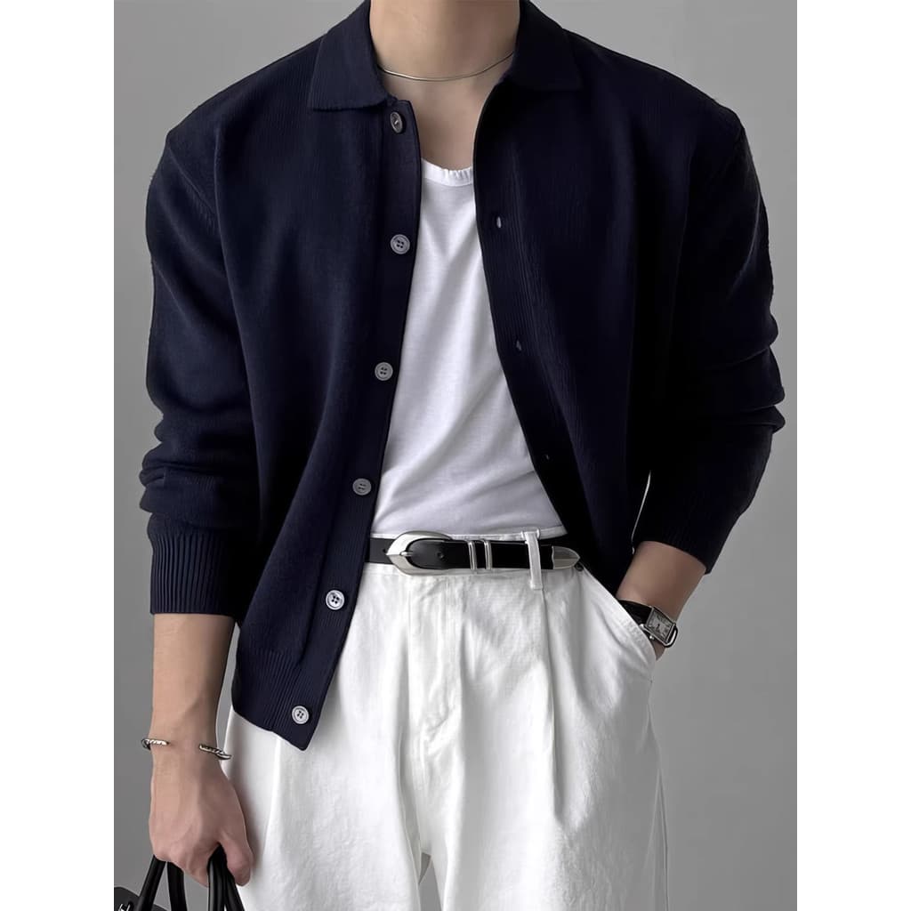 Suéter de lapela azul escuro Cardigan masculino estilo coreano High-End lã malha topo Casual estilo minimalista jaqueta
