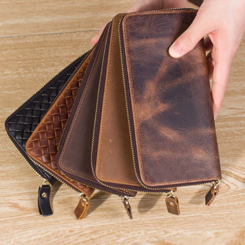 Feito à mão Retro longo couro com zíper carteira de couro masculino embreagem multifuncional cavalo louco embreagem de c