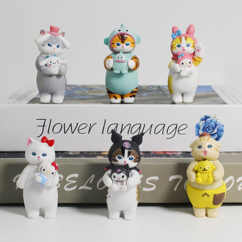 6 Pçs/Set 7cm Sanrio Cat Mofusand Q Versão Tubarão Gato Minha Melodia Kuromi Olá Kitty Cinnamoroll Pom Purin PVC Action
