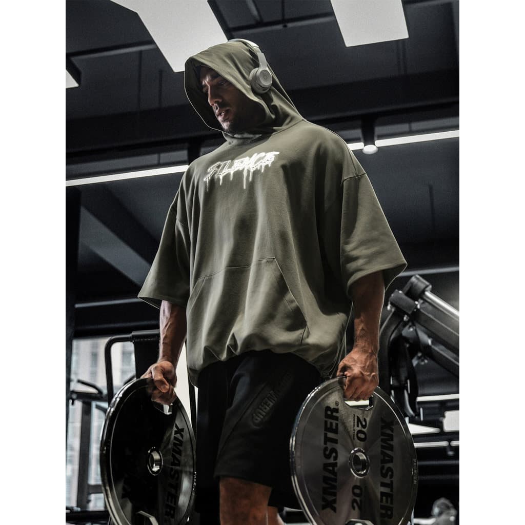 BD American Dupla Camada Fitness Manga Curta Moletom Com Capuz Moda Polpa Impressa Camiseta Esportiva Masculina Solta