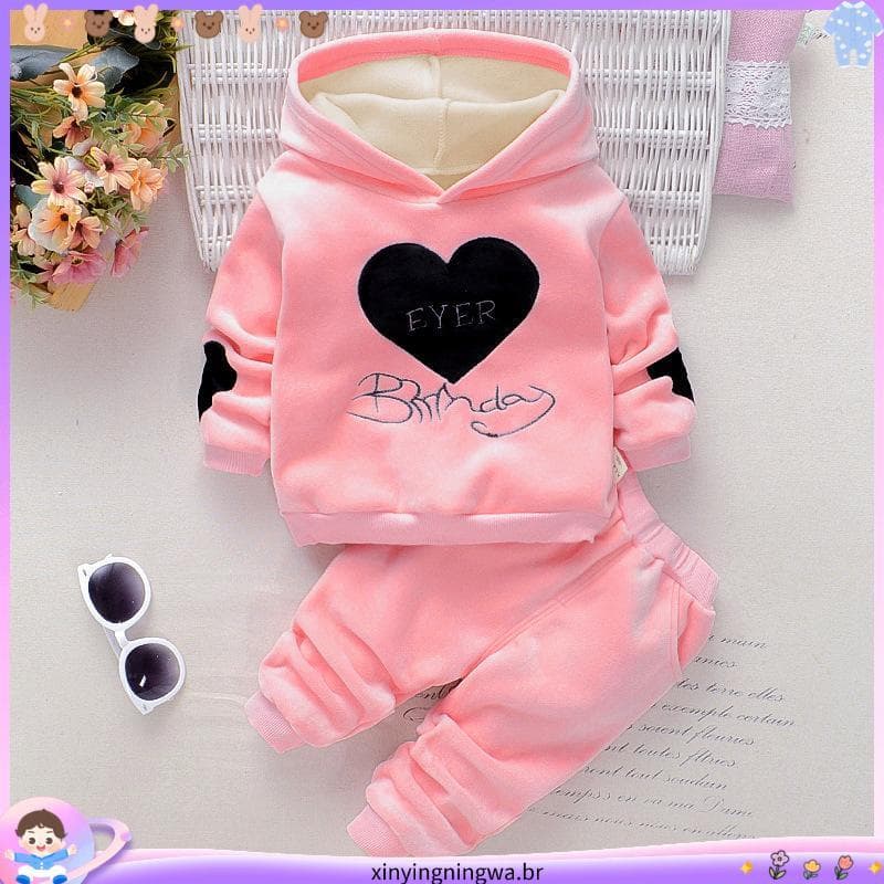 Conjunto De Pelúcia Infantil Outono Inverno Dupla Face Carta Amor Capuz Top + Pants Baby Infant Girls Warm Sportswear
