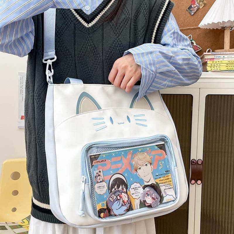 Bolsa fofa com tema de gato, bolsa de exibição, bolsa transversal de ombro para meninas, bolsa transparente estilo anime