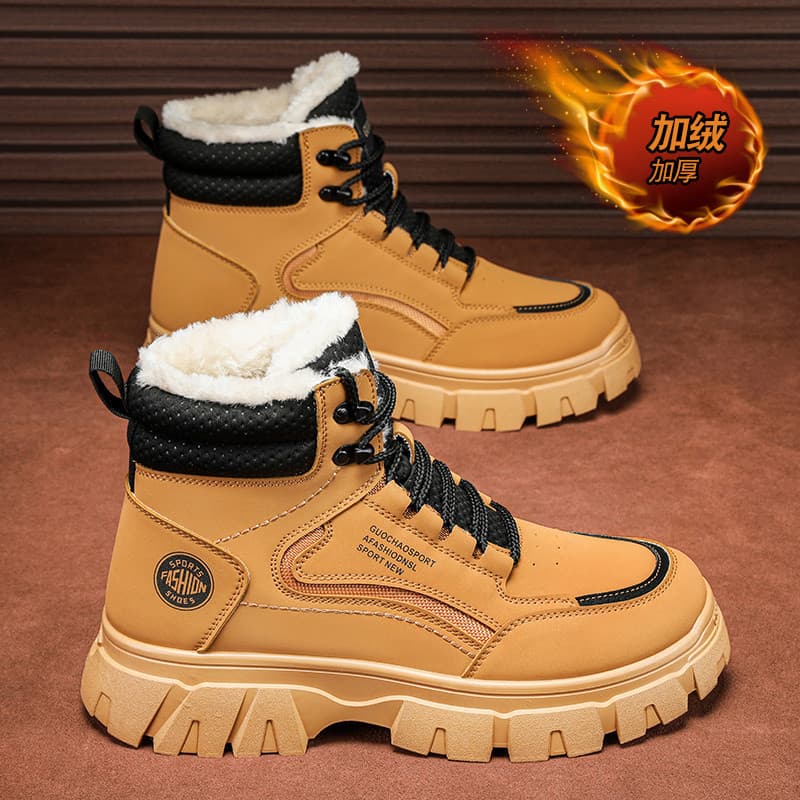 Botas de neve masculinas forro de lã de inverno engrossado quente nordeste grandes sapatos de algodão pele integrada sol