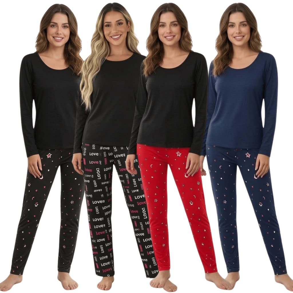 Pijama Quentinho 2 Peças Feminino Estampa Adulto Manga Longa e Calça Suede Conforto Comprido Inverno