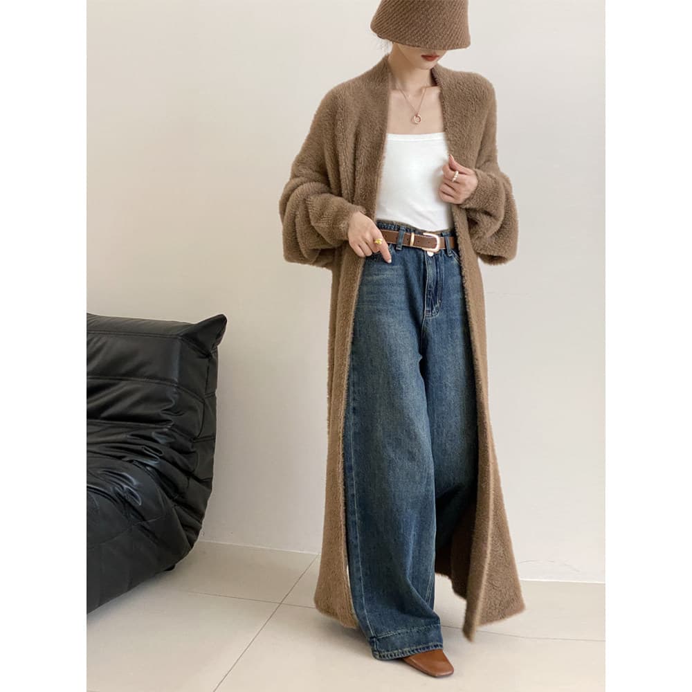 Merad longo cardigan jaqueta de malha feminina outono inverno solto preguiçoso falso vison velo camisola cardigan roupão