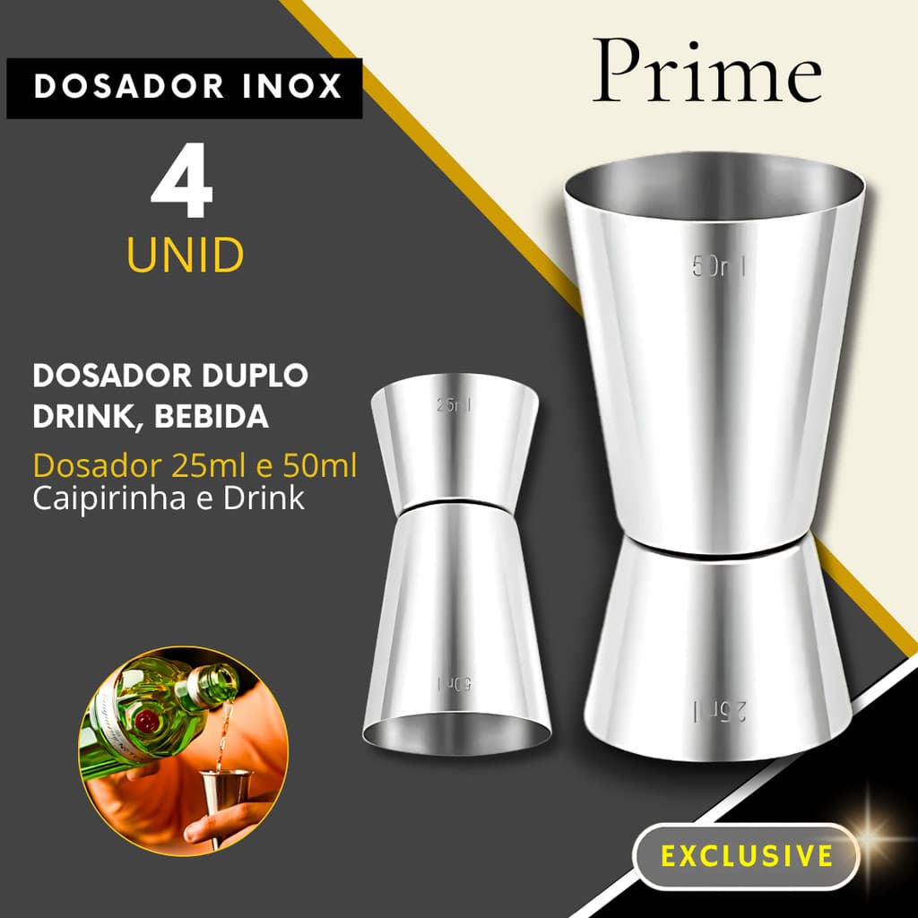 4/2/1- Dosador Duplo para Drink Inox 25ml e 50ml Bar Drinks Bebidas Barman Caipirinha