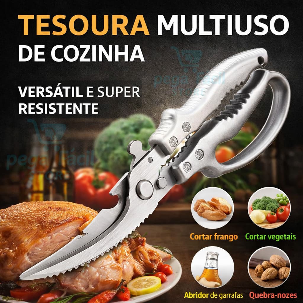Tesoura Multiuso de Cozinha Aço Inox Frango Vegetais Abridor Quebra-Nozes Pratica e Duravel