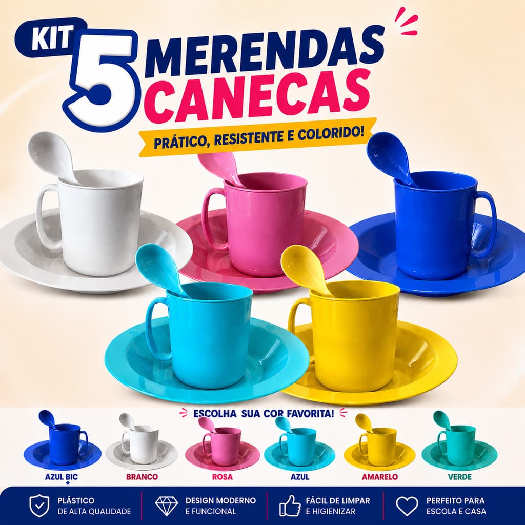 5 Kit merenda escola pratos fundos colher caneca plástico colorido criança idoso igreja lanche casa