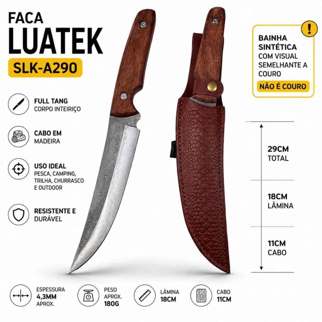 Faca Luatek SLK-A290 Full Tang 29cm Cabo Madeira Pesca Camping Churrasco