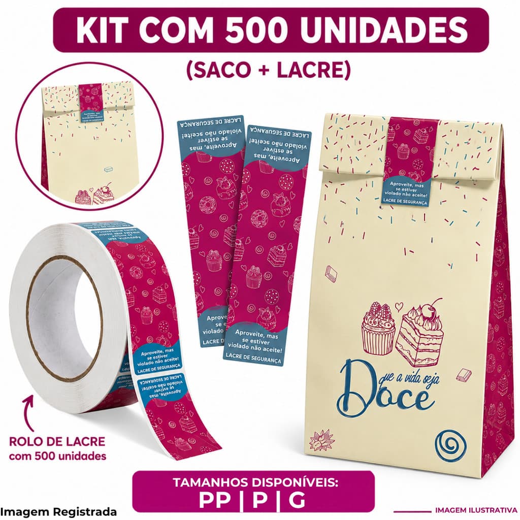 500 Saco kraft SOS Delivery + 500 Lacre Segurança Tamanhos PP, P ou G Tema Doce Bolos Cookies
