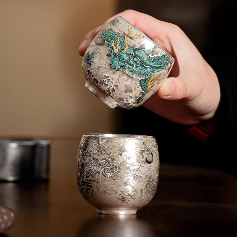 Xícara de chá dourada prata Qinglong xícara de chá de cerâmica conjunto de chá chinês copo mestre meu