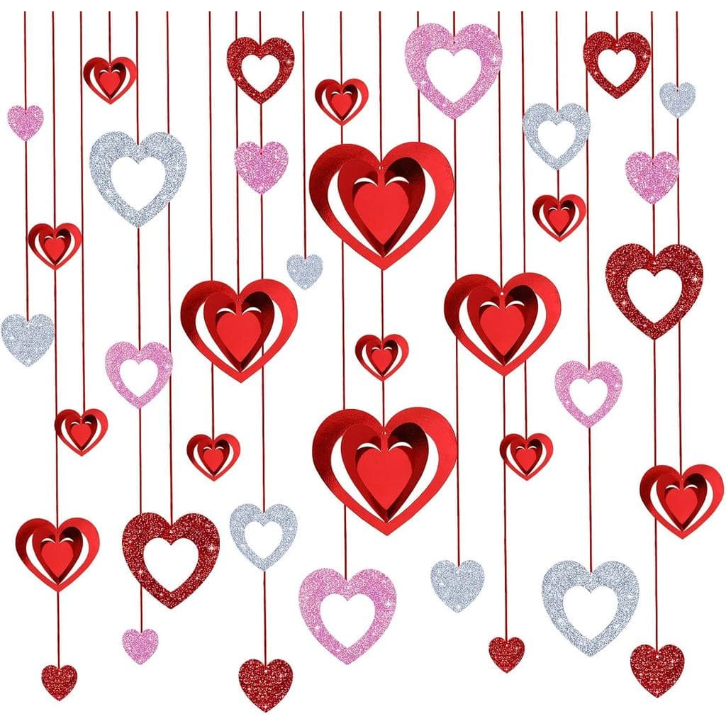 Romantic Valentine's Hanging Decor, Hanging Heart Ornaments 38 Pcs Heart Ceiling Decorations with Ribbons for Parties An