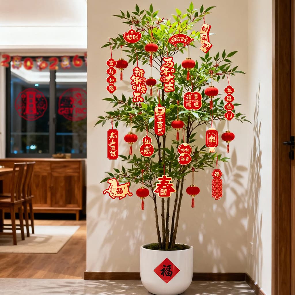 2026 Ano do Cavalo Pingente de Ano Novo Atmosfera Decoração Suprimentos Árvore de Ano Novo Vaso de Planta Bonsai Planta