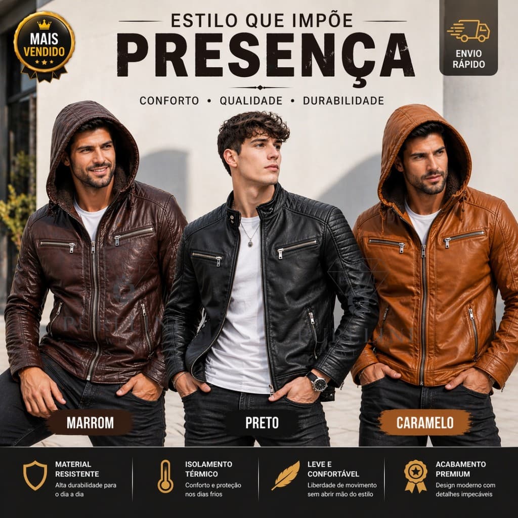 Jaqueta De Couro Slim Masculina Toda Forrada Por Dentro Com Capus Removível Premium