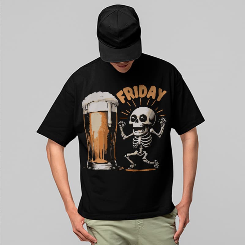 Camiseta Oversized Friday Beer Caveira Engraçada 100% Algodão