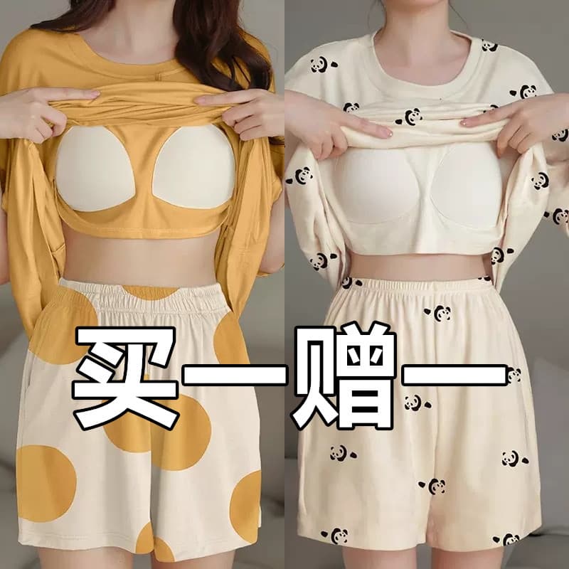 Pijamas com almofada no peito feminino verão manga curta puro algodão estilo fino 2025 novo estilo listrado tamanho gran