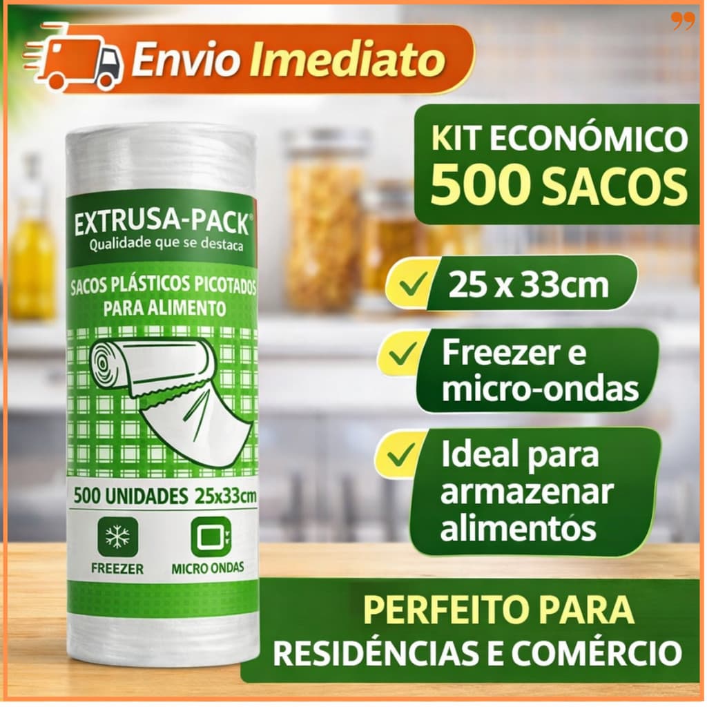 Saco Plástico para Alimentos Picotado 25x33cm | Rolo com 500 Sacos | Uso Profissional | Freezer e Micro-ondas