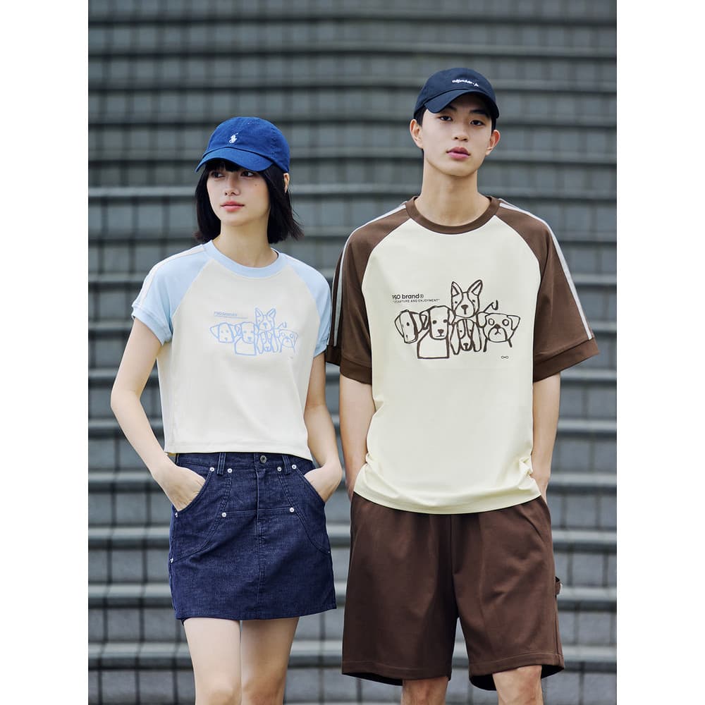 P PSO marca masculina feminina Graffiti linha filhote de cachorro manga Raglan camiseta de manga curta casal solto nacio