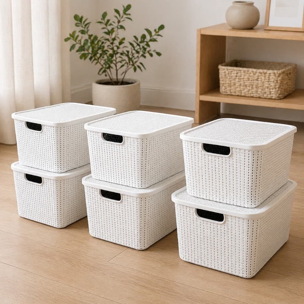 Kit Caixas Organizadoras Rattan Branco 7L – 2, 4 ou 6 Unidades para Organização da Casa